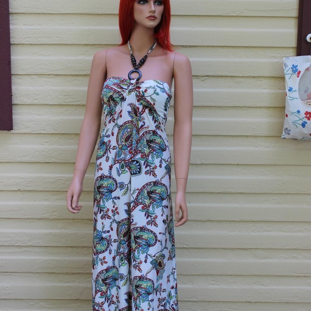 ULUWATU STRETCH SUMMER DRESS JUNIORS LARGE BANDEAU BEAD RING TIES LONG PAISLEY